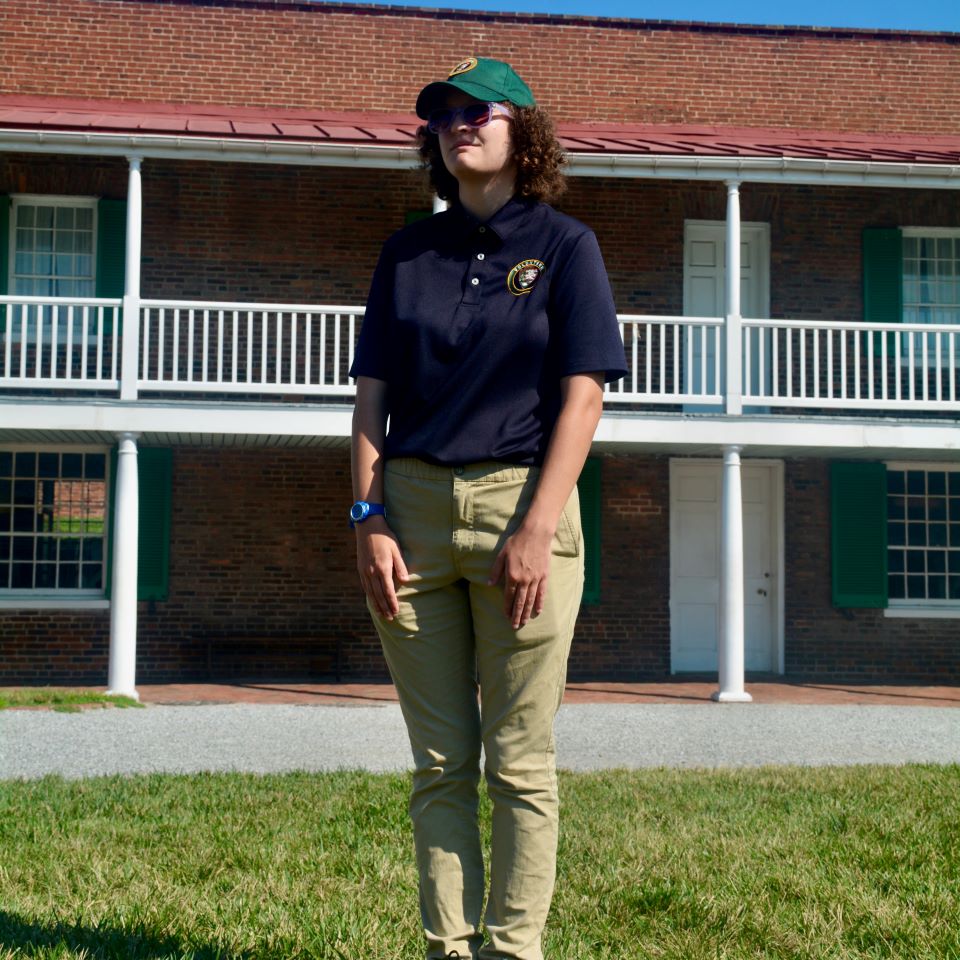This WWI soldier, who stands inside the Starfort at Fort McHenry, is in front of what once was a barrack during the War of 1812.