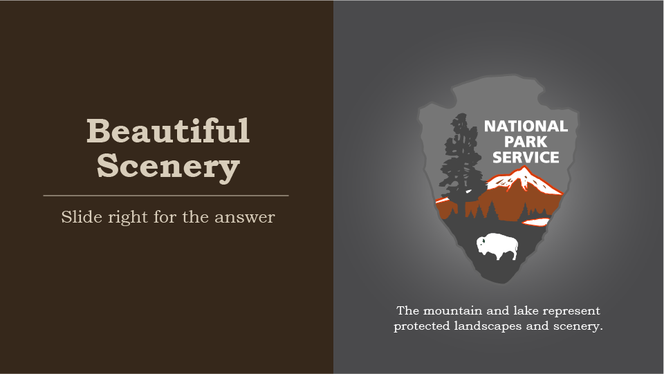 Beautiful Scenery, slide right for the answer, national park service arrowhead, the mountain and lake represent protected scenery