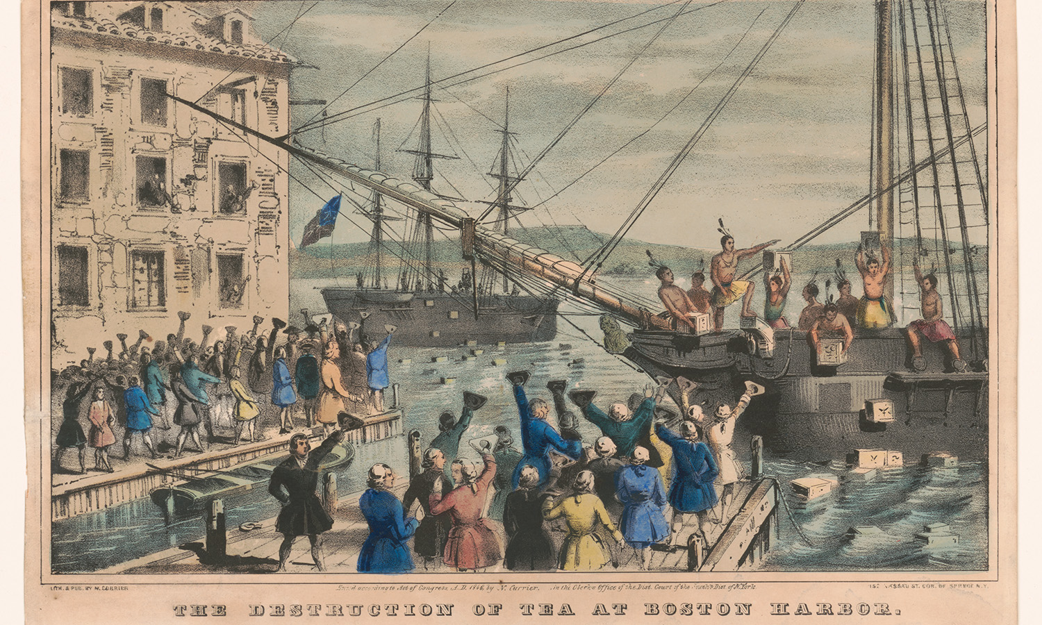 A group of 18th century Patriots stand around a loyalist who kneels on the ground covered in tar and feathers. The group of Patriots pour hot tea down the loyalists throat.