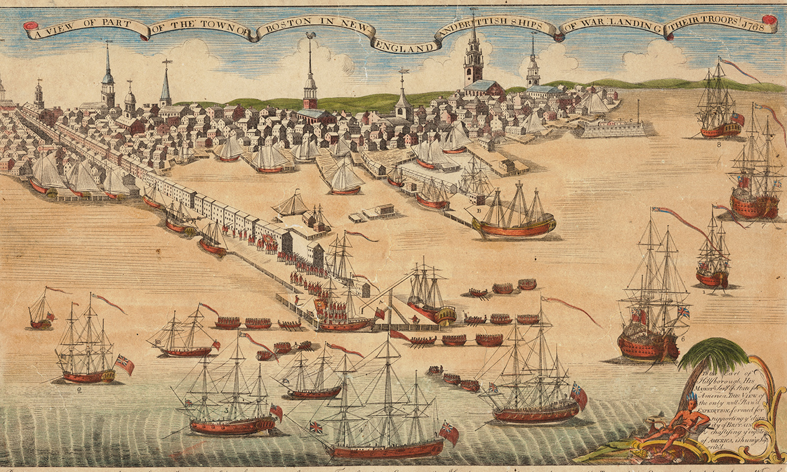 A view of Boston Harbor filled with British warships as small boats bring British Regulars to unload on a Boston Wharf