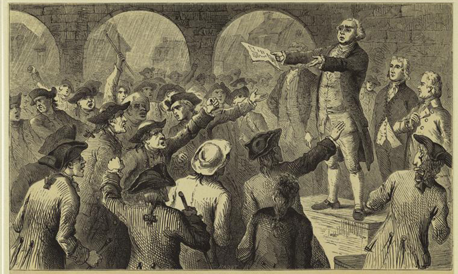 A view of Boston Harbor filled with British warships as small boats bring British Regulars to unload on a Boston Wharf