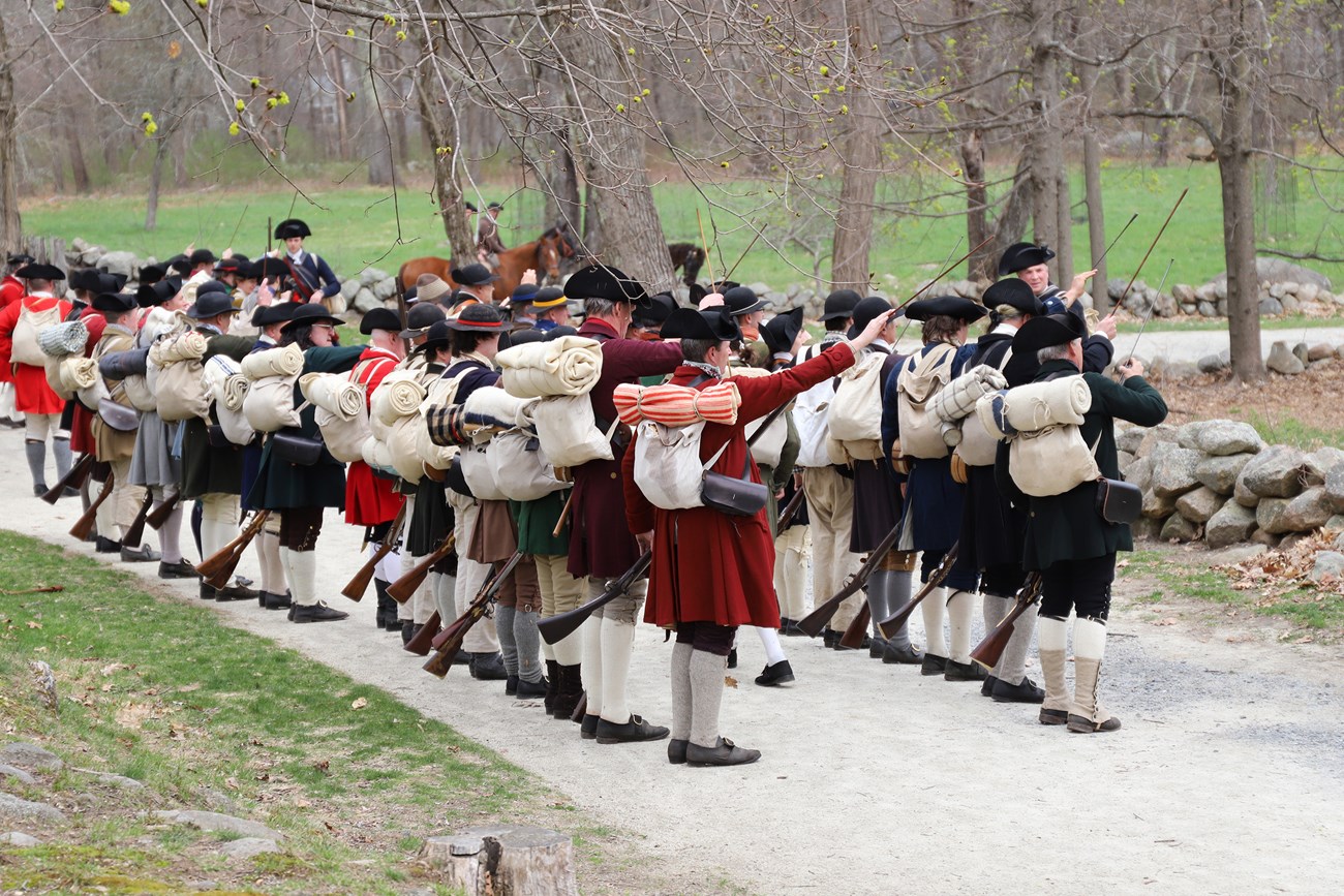 Two lines of 1770's militia soldiers stand shoulder to shoulder putting ramrods into their muskets.