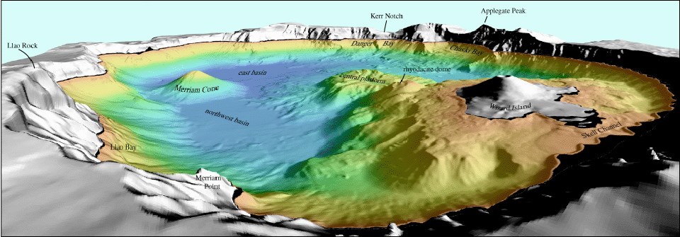 3d image of a portion of the crater rim and lake floor