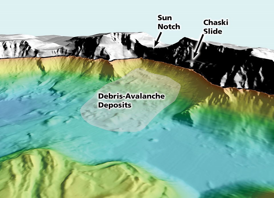3d image of a portion of the crater rim and lake floor