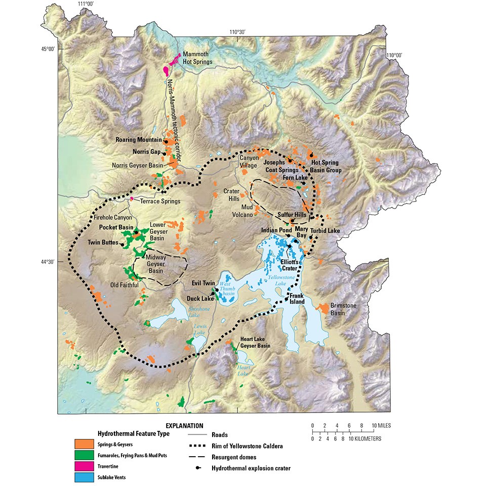map of yellowstone area showing mountains, valleys, and lakes