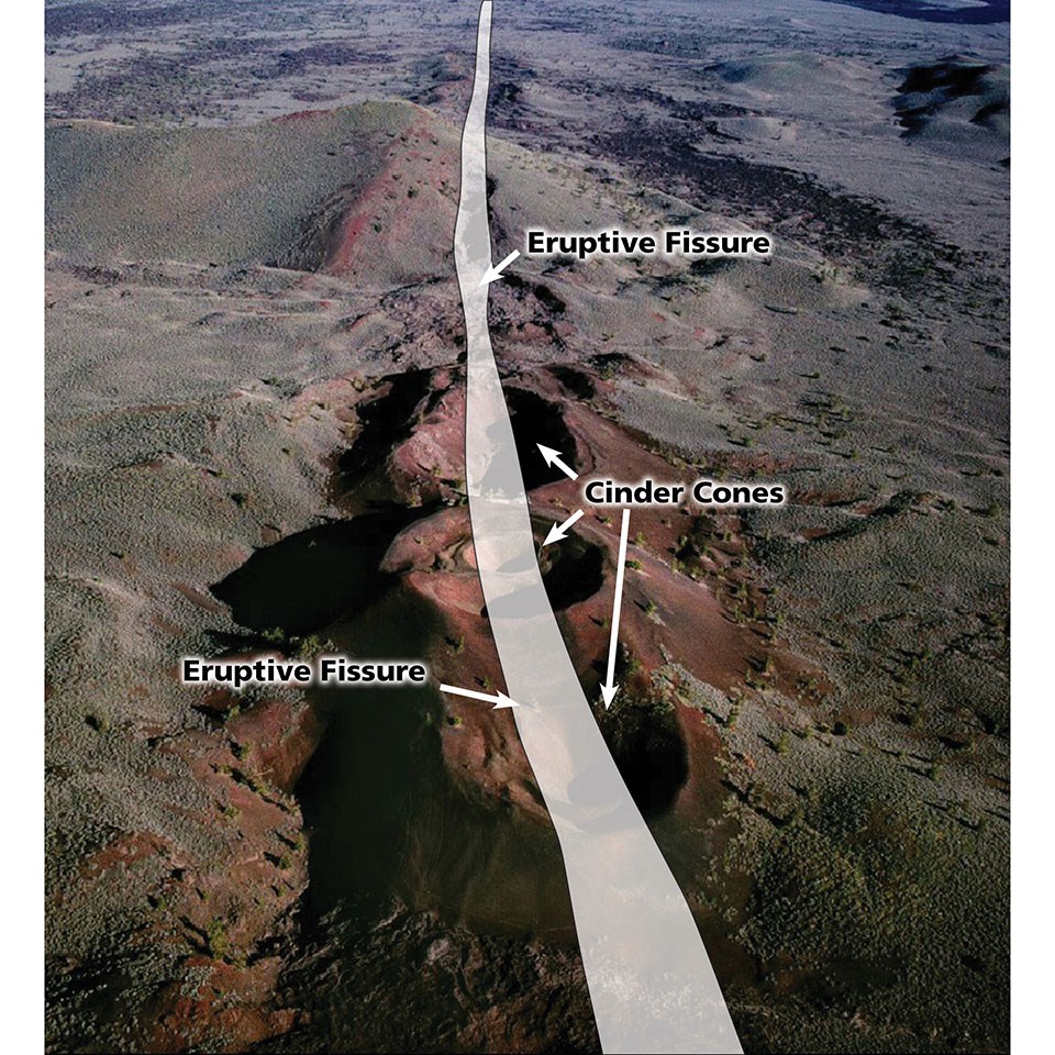 Oblique aerial photograph of a line of volcanic craters.