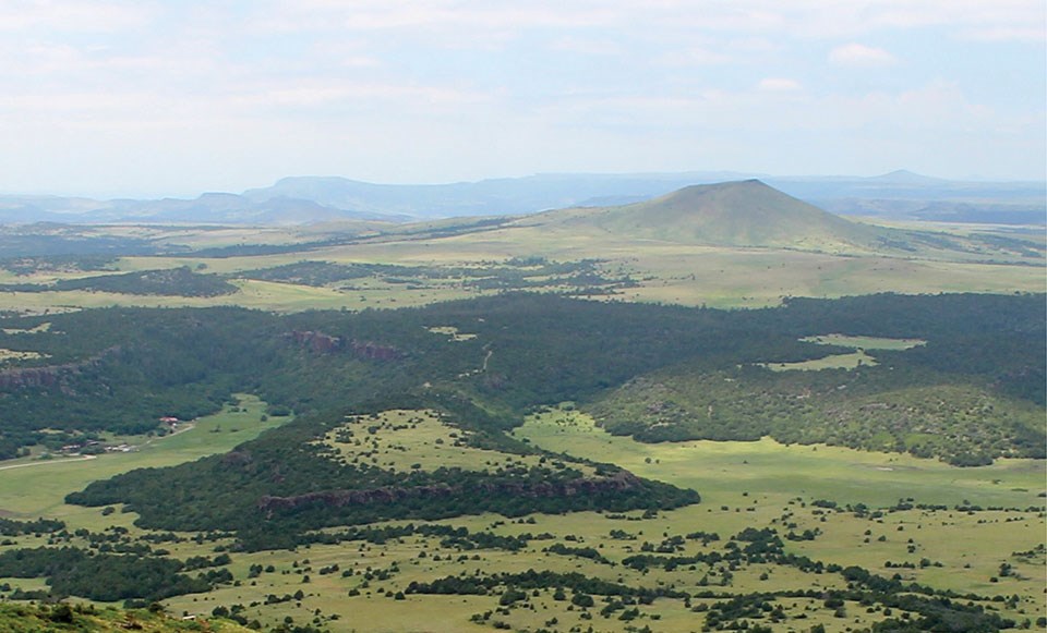 photo of a volcanic landscape with a large mesa and a cinder cone all covered with grasses and trees