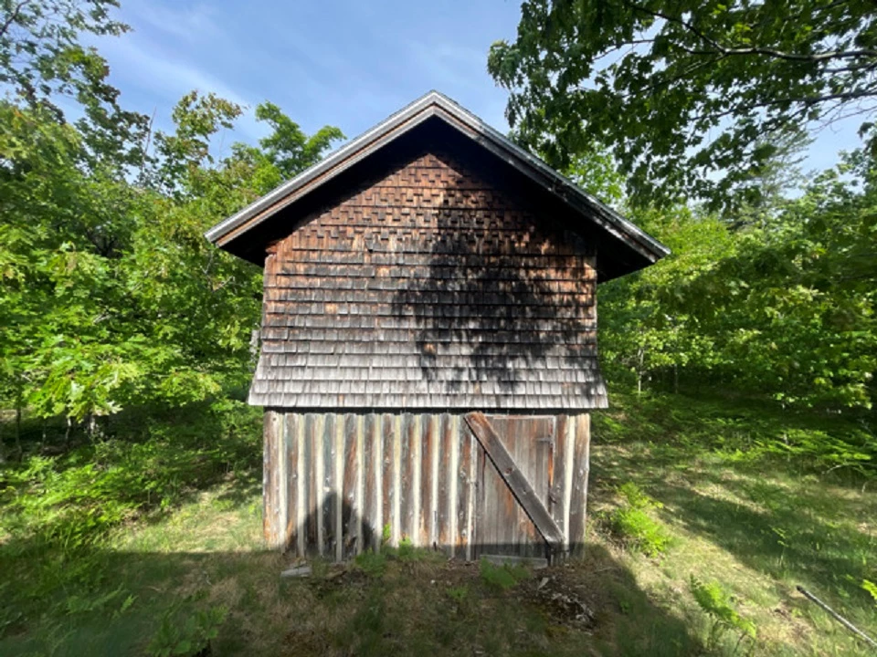 Wood sided historic barn with vegetation close in