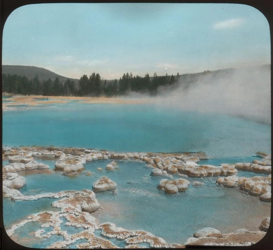 Black and white photo of steam rising from a thermal pool with trees in the distance.