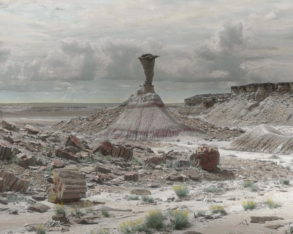 Black and white photo of an eroded rock column in a valley surrounded by petrified logs.