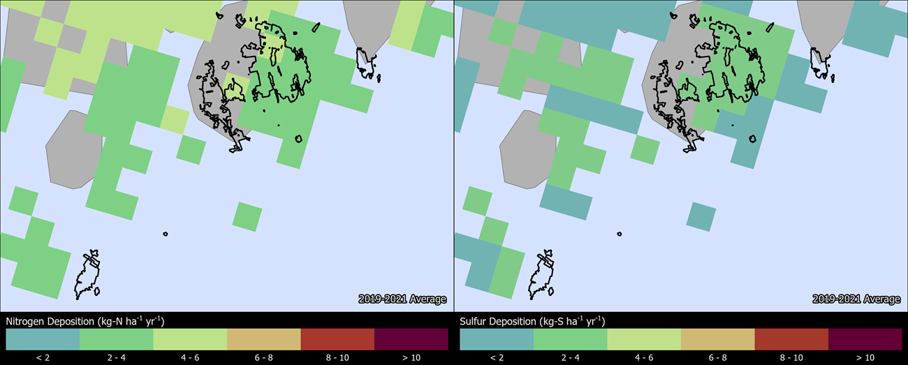 Two maps showing ACAD boundaries. The left map shows the spatial distribution of estimated total nitrogen deposition levels from 2000-2002. The right map shows the spatial distribution of estimated total sulfur deposition levels from 2000-2002.