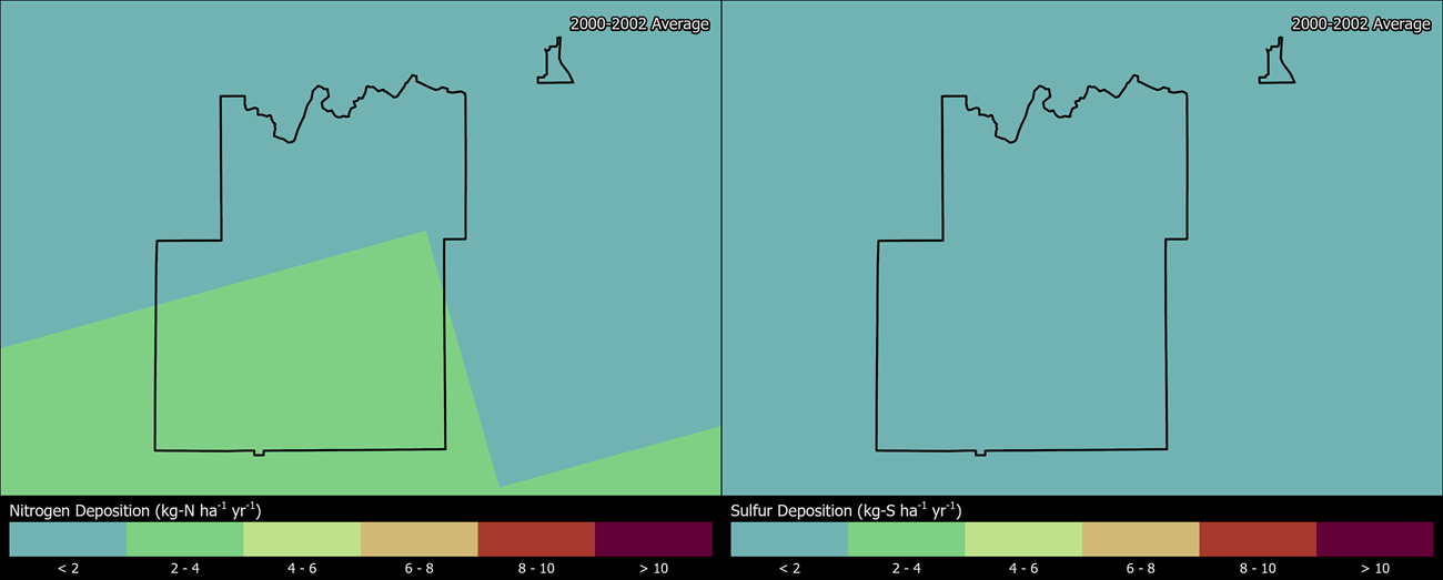 Two maps showing LABE boundaries. The left map shows the spatial distribution of estimated total nitrogen deposition levels from 2000-2002. The right map shows the spatial distribution of estimated total sulfur deposition levels from 2000-2002.