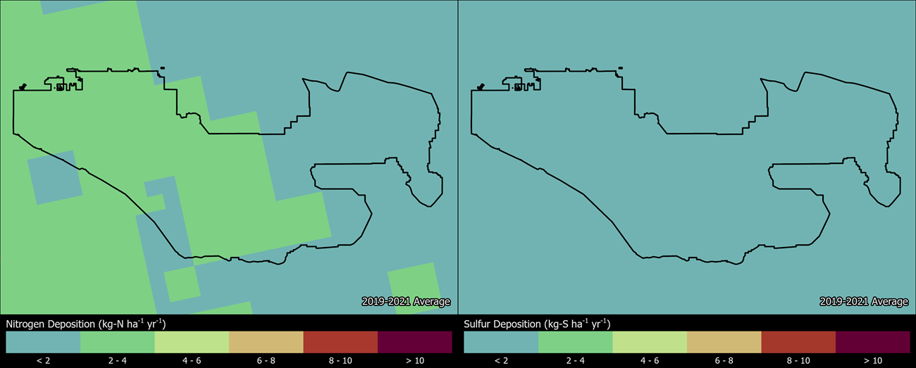 Two maps showing JOTR boundaries. The left map shows the spatial distribution of estimated total nitrogen deposition levels from 2000-2002. The right map shows the spatial distribution of estimated total sulfur deposition levels from 2000-2002.