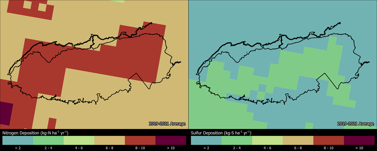 Two maps showing GRSM boundaries. The left map shows the spatial distribution of estimated total nitrogen deposition levels from 2000-2002. The right map shows the spatial distribution of estimated total sulfur deposition levels from 2000-2002.
