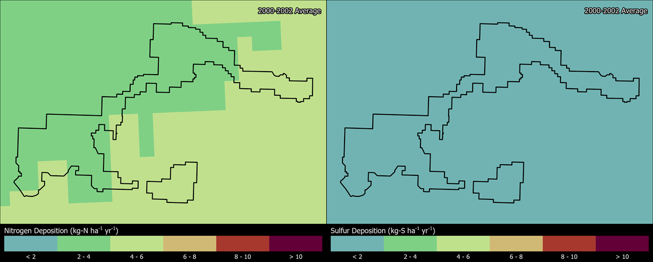 Two maps showing BADL boundaries. The left map shows the spatial distribution of estimated total nitrogen deposition levels from 2000-2002. The right map shows the spatial distribution of estimated total sulfur deposition levels from 2000-2002.