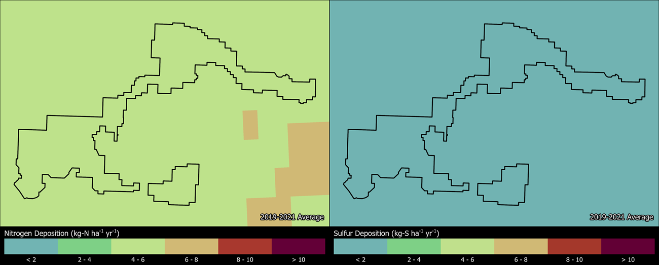 Two maps showing BADL boundaries. The left map shows the spatial distribution of estimated total nitrogen deposition levels from 2000-2002. The right map shows the spatial distribution of estimated total sulfur deposition levels from 2000-2002.