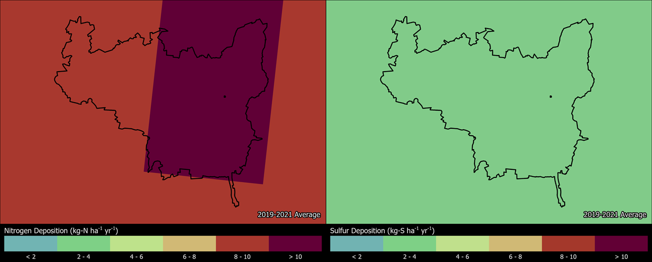 Two maps showing MACA boundaries. The left map shows the spatial distribution of estimated total nitrogen deposition levels from 2000-2002. The right map shows the spatial distribution of estimated total sulfur deposition levels from 2000-2002.