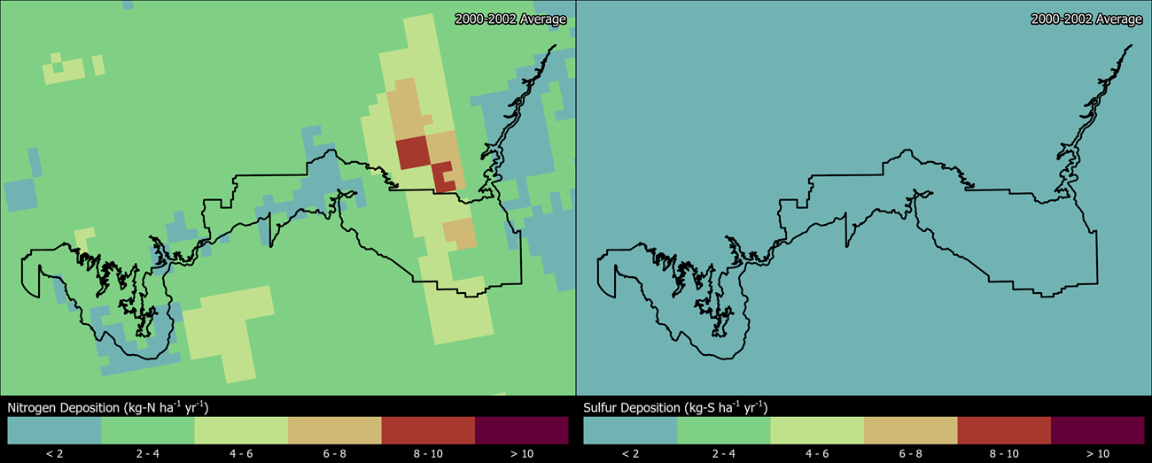 Two maps showing GRCA boundaries. The left map shows the spatial distribution of estimated total nitrogen deposition levels from 2000-2002. The right map shows the spatial distribution of estimated total sulfur deposition levels from 2000-2002.