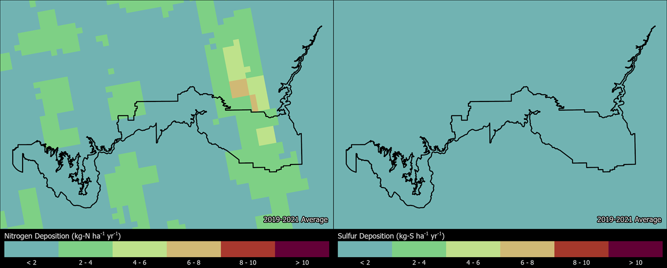 Two maps showing GRCA boundaries. The left map shows the spatial distribution of estimated total nitrogen deposition levels from 2000-2002. The right map shows the spatial distribution of estimated total sulfur deposition levels from 2000-2002.