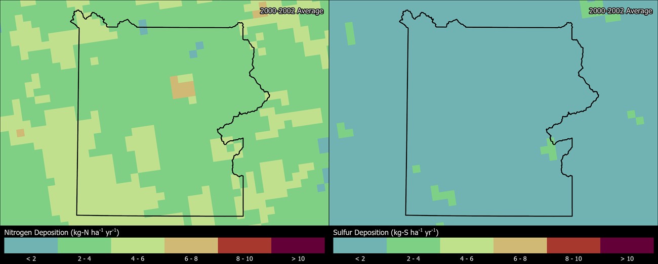 Two maps showing YELL boundaries. The left map shows the spatial distribution of estimated total nitrogen deposition levels from 2000-2002. The right map shows the spatial distribution of estimated total sulfur deposition levels from 2000-2002.