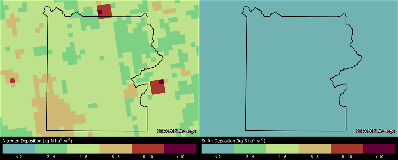 Two maps showing YELL boundaries. The left map shows the spatial distribution of estimated total nitrogen deposition levels from 2000-2002. The right map shows the spatial distribution of estimated total sulfur deposition levels from 2000-2002.
