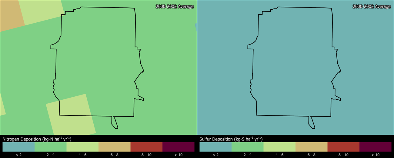 Two maps showing CRLA boundaries. The left map shows the spatial distribution of estimated total nitrogen deposition levels from 2000-2002. The right map shows the spatial distribution of estimated total sulfur deposition levels from 2000-2002.