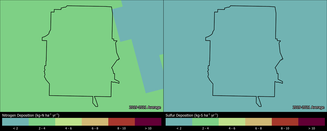Two maps showing CRLA boundaries. The left map shows the spatial distribution of estimated total nitrogen deposition levels from 2000-2002. The right map shows the spatial distribution of estimated total sulfur deposition levels from 2000-2002.