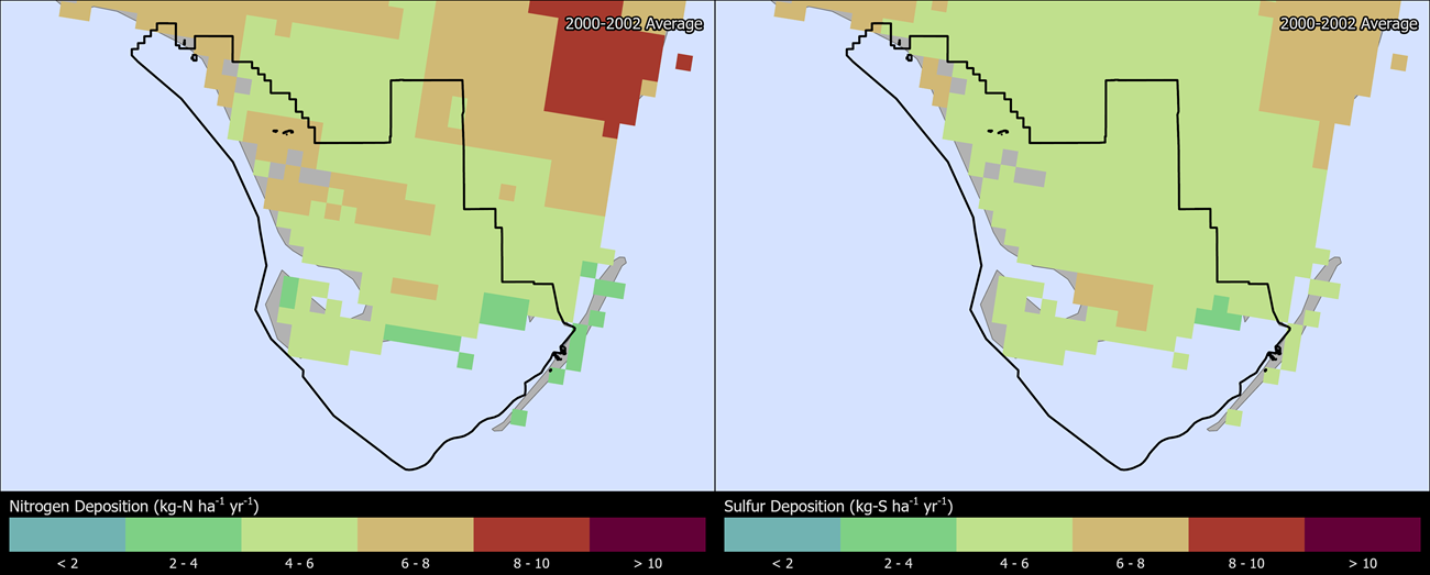 Two maps showing EVER boundaries. The left map shows the spatial distribution of estimated total nitrogen deposition levels from 2000-2002. The right map shows the spatial distribution of estimated total sulfur deposition levels from 2000-2002.