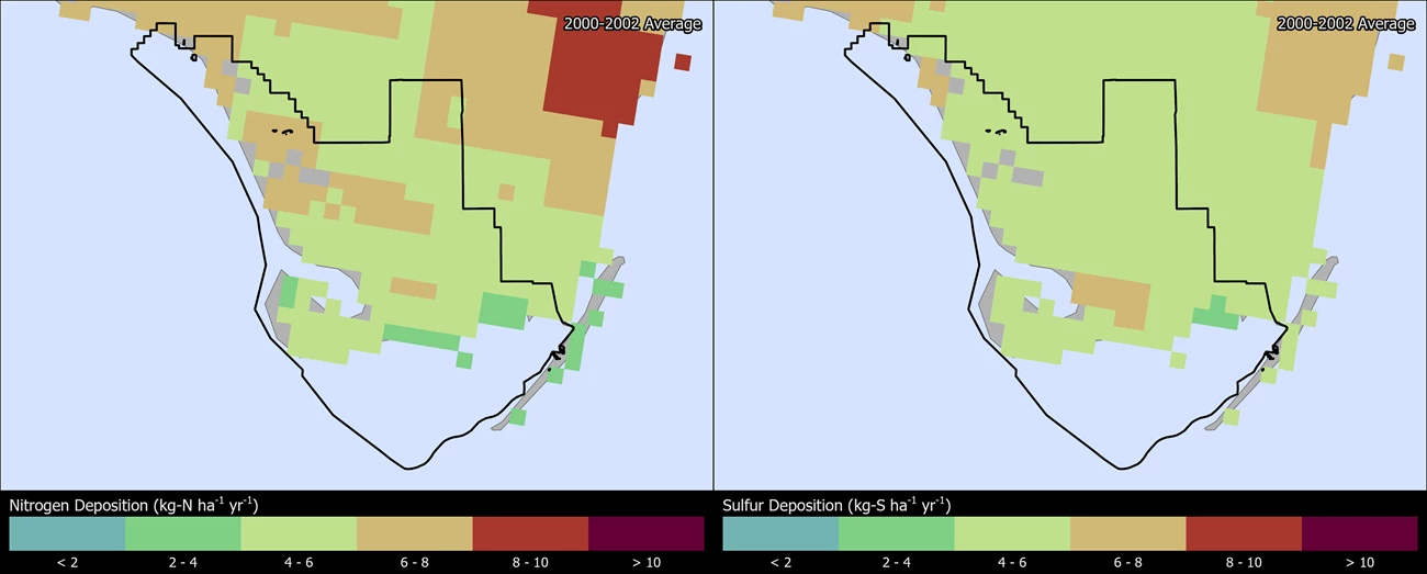 Two maps showing EVER boundaries. The left map shows the spatial distribution of estimated total nitrogen deposition levels from 2000-2002. The right map shows the spatial distribution of estimated total sulfur deposition levels from 2000-2002.