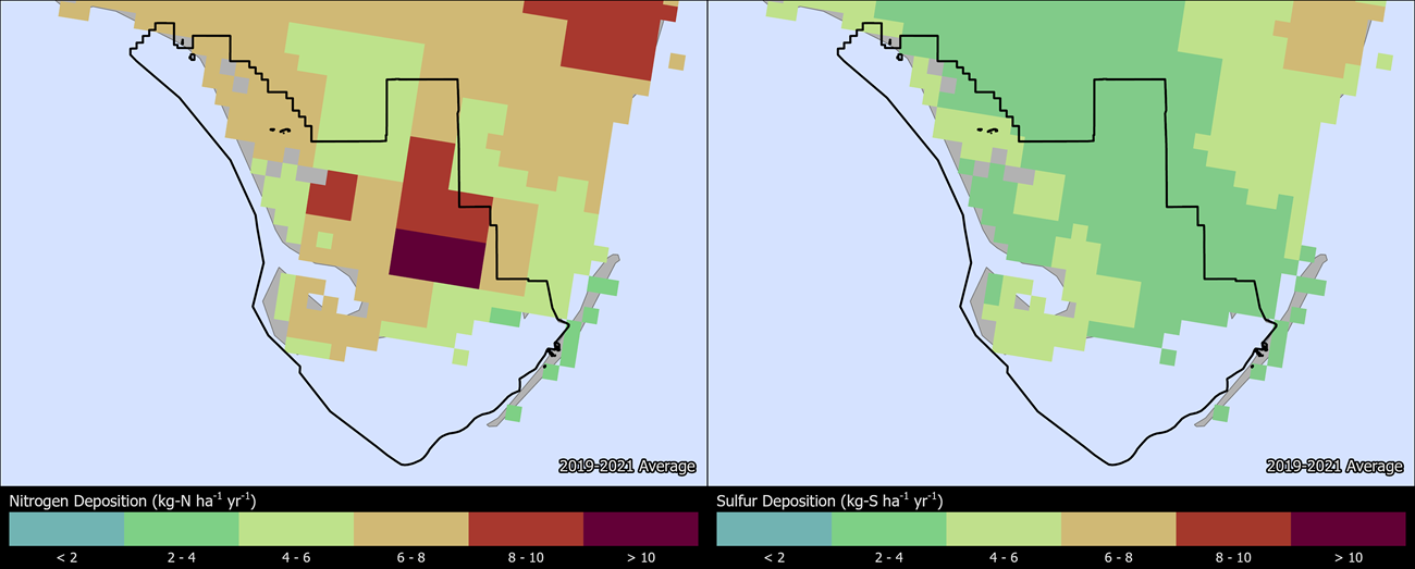 Two maps showing EVER boundaries. The left map shows the spatial distribution of estimated total nitrogen deposition levels from 2000-2002. The right map shows the spatial distribution of estimated total sulfur deposition levels from 2000-2002.