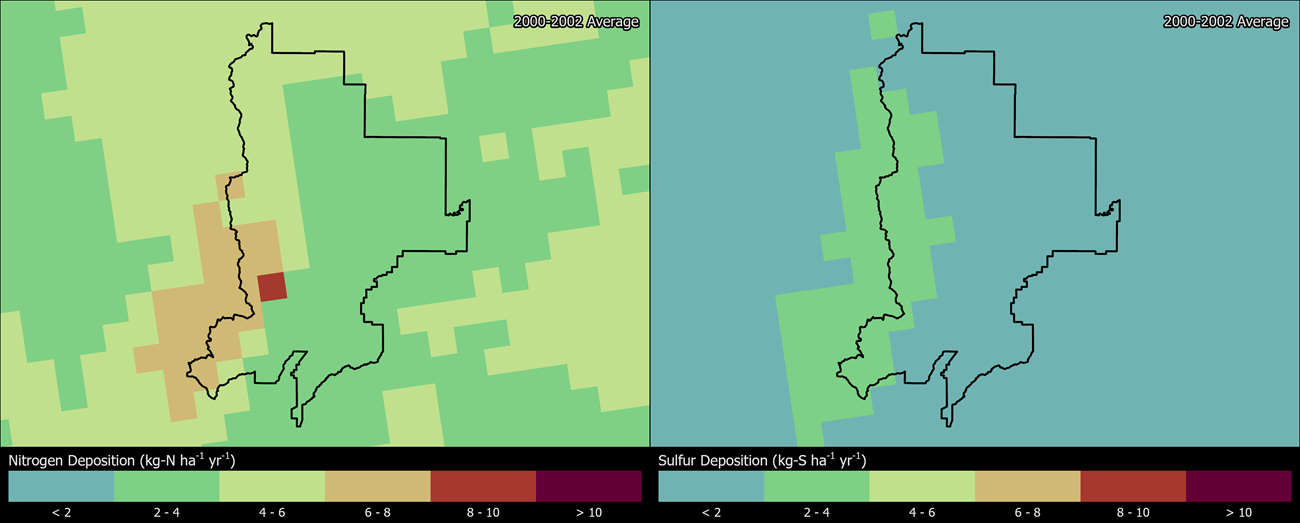 Two maps showing GRTE boundaries. The left map shows the spatial distribution of estimated total nitrogen deposition levels from 2000-2002. The right map shows the spatial distribution of estimated total sulfur deposition levels from 2000-2002.