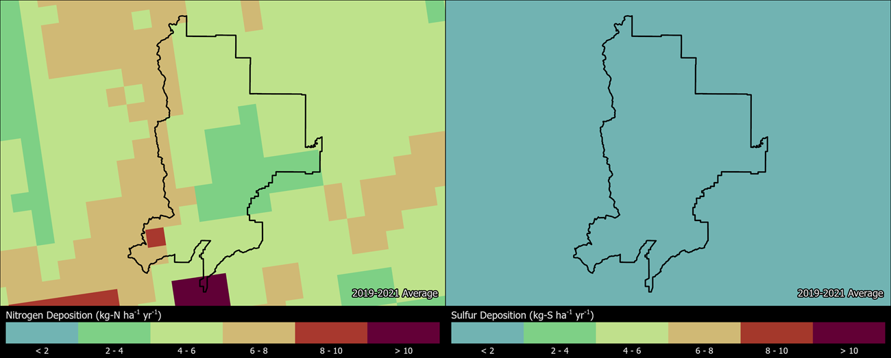 Two maps showing GRTE boundaries. The left map shows the spatial distribution of estimated total nitrogen deposition levels from 2000-2002. The right map shows the spatial distribution of estimated total sulfur deposition levels from 2000-2002.