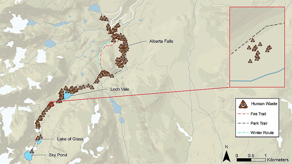 A map of improperly buried human waste documented in the Glacier Gorge trail corridor. in 2020