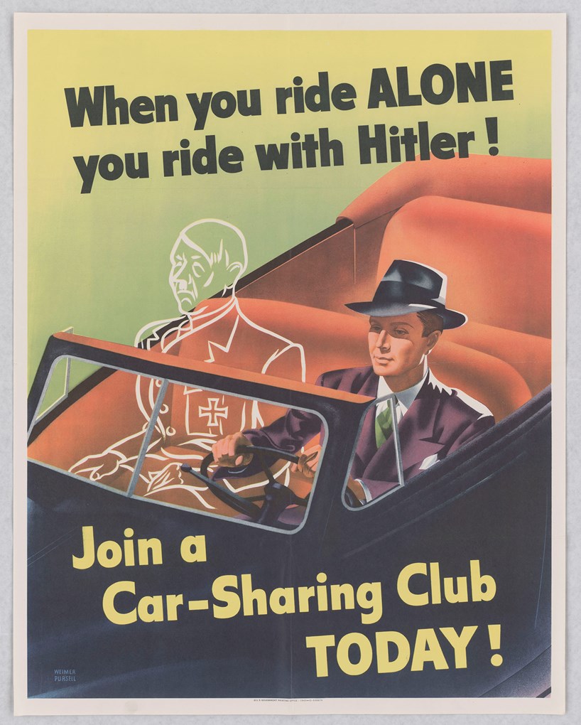 Stylized color image of a man in a suit, tie, and jaunty hat driving a convertible. In the passenger seat is a ghostly outline of Hitler.