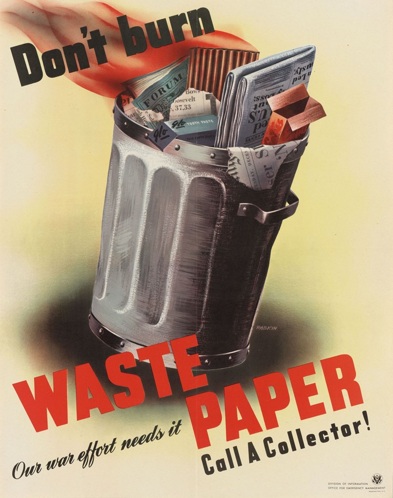 Color illustration of a metal garbage pail full of newspapers and packaging, with flames coming out the top.