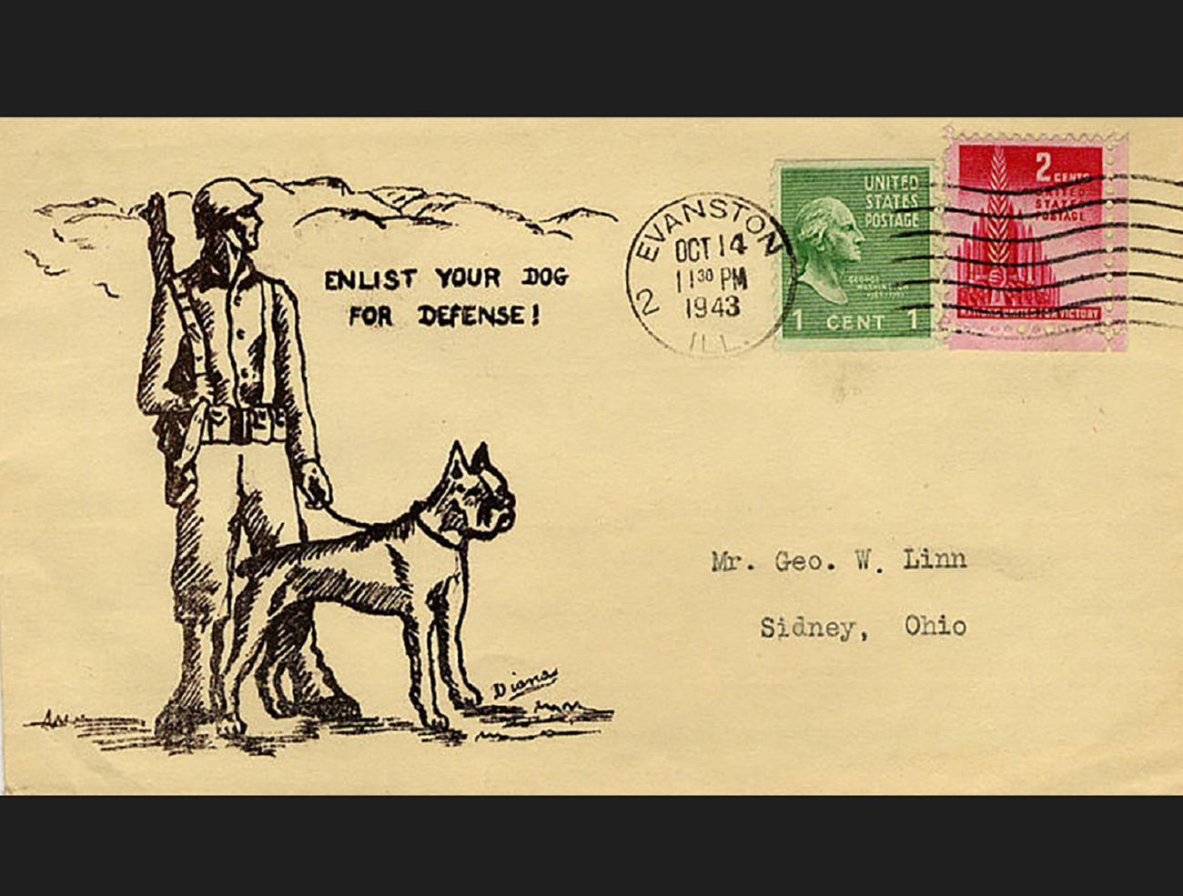 An envelope that has been mailed to Ohio. On the left is a black and white line drawing of a solder with a bulldog on a leash. To the right are the recipient’s address and two cancelled stamps.