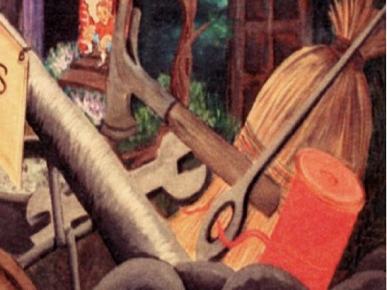 Painting of a stack of books, a blackboard, and a jar of writing utensils. Gonzalo Mendez’s hand is in the frame, but he is separated from these resources by a fence.