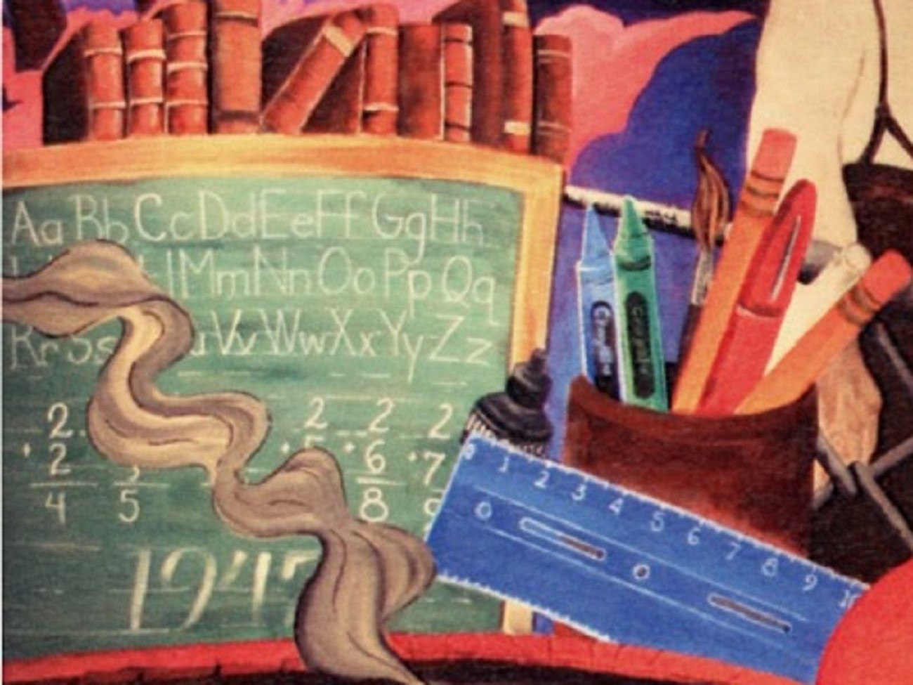 Painting of a stack of books, a blackboard, and a jar of writing utensils. Gonzalo Mendez’s hand is in the frame, but he is separated from these resources by a fence.