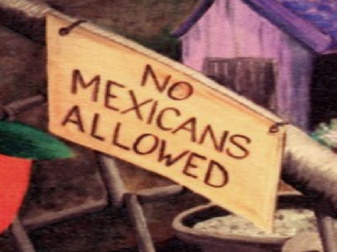 Painting of a fence with an attached sign that reads “No Mexicans Allowed,” separating the Mendez family from Seventeenth Street School.
