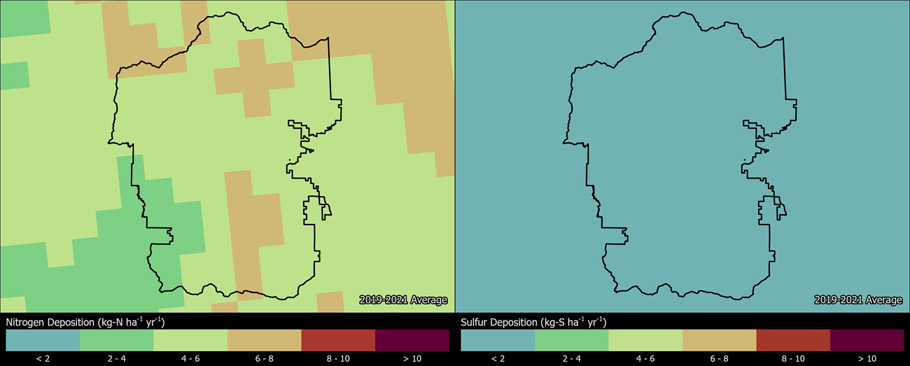 Two maps showing ROMO boundaries. The left map shows the spatial distribution of estimated total nitrogen deposition levels from 2000-2002. The right map shows the spatial distribution of estimated total sulfur deposition levels from 2000-2002.