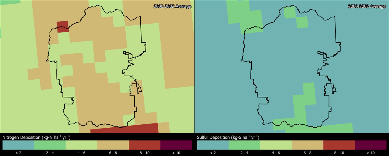 Two maps showing ROMO boundaries. The left map shows the spatial distribution of estimated total nitrogen deposition levels from 2000-2002. The right map shows the spatial distribution of estimated total sulfur deposition levels from 2000-2002.