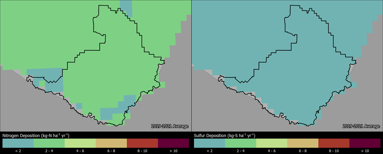 Two maps showing BIBE boundaries. The left map shows the spatial distribution of estimated total nitrogen deposition levels from 2000-2002. The right map shows the spatial distribution of estimated total sulfur deposition levels from 2000-2002.