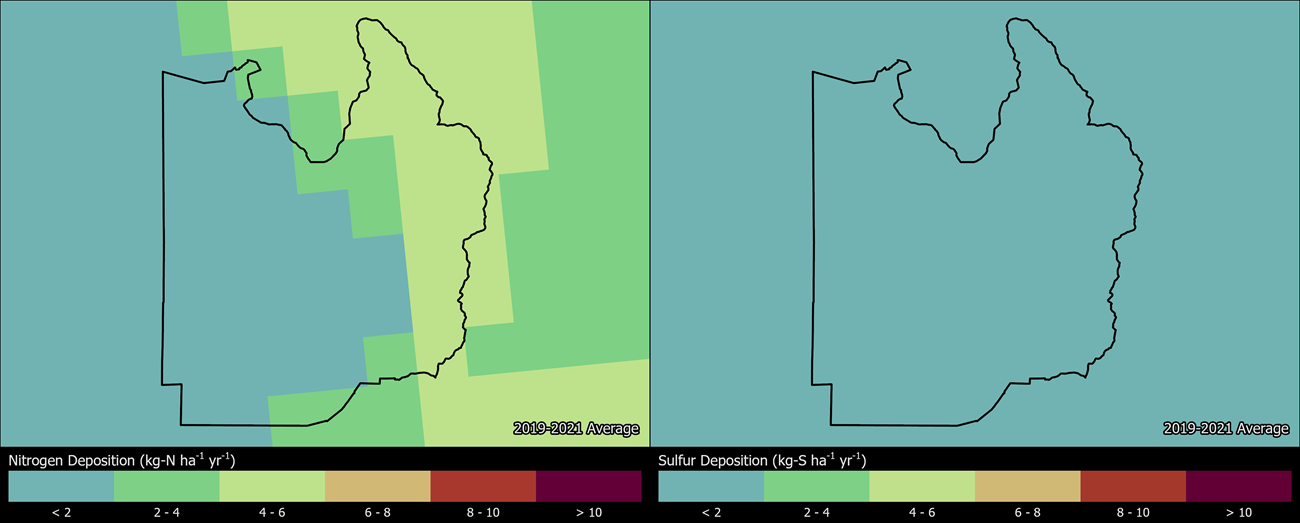 Two maps showing GRSA boundaries. The left map shows the spatial distribution of estimated total nitrogen deposition levels from 2000-2002. The right map shows the spatial distribution of estimated total sulfur deposition levels from 2000-2002.