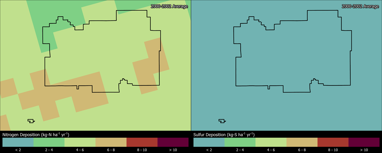Two maps showing LAVO boundaries. The left map shows the spatial distribution of estimated total nitrogen deposition levels from 2000-2002. The right map shows the spatial distribution of estimated total sulfur deposition levels from 2000-2002.
