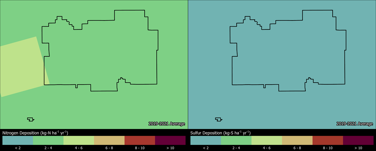 Two maps showing LAVO boundaries. The left map shows the spatial distribution of estimated total nitrogen deposition levels from 2000-2002. The right map shows the spatial distribution of estimated total sulfur deposition levels from 2000-2002.