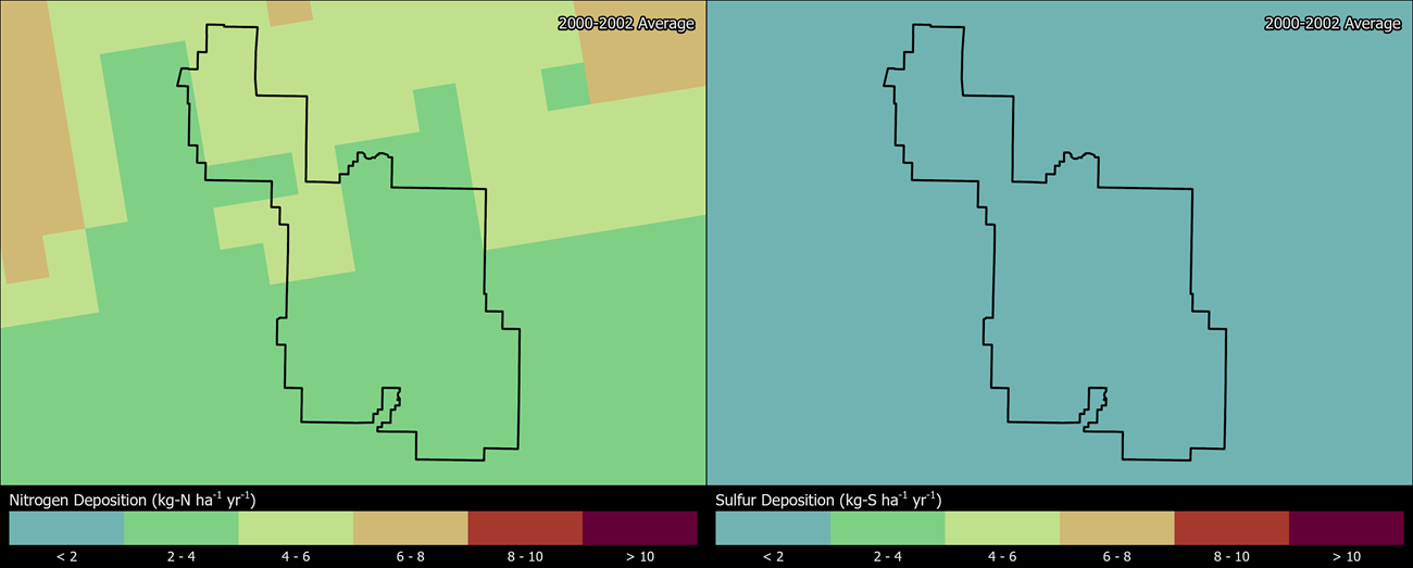 Two maps showing ZION boundaries. The left map shows the spatial distribution of estimated total nitrogen deposition levels from 2000-2002. The right map shows the spatial distribution of estimated total sulfur deposition levels from 2000-2002.