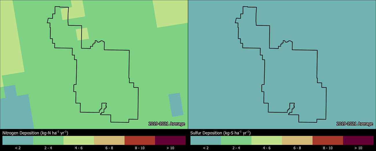 Two maps showing ZION boundaries. The left map shows the spatial distribution of estimated total nitrogen deposition levels from 2000-2002. The right map shows the spatial distribution of estimated total sulfur deposition levels from 2000-2002.