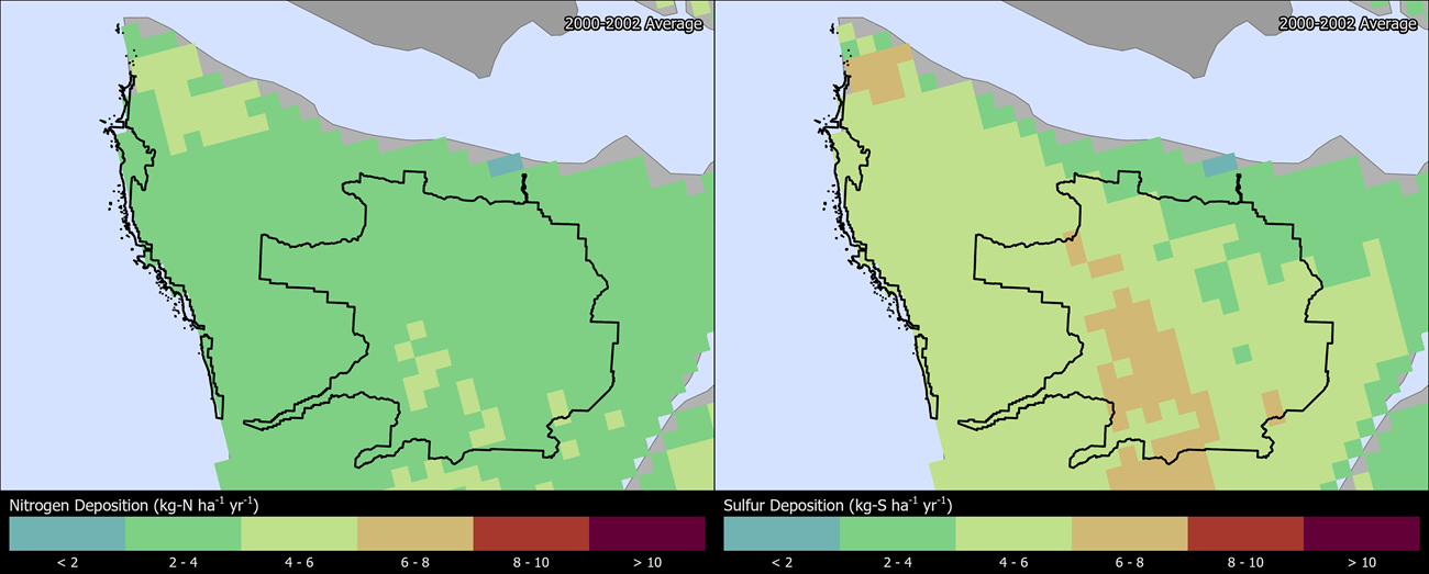 Two maps showing OLYM boundaries. The left map shows the spatial distribution of estimated total nitrogen deposition levels from 2000-2002. The right map shows the spatial distribution of estimated total sulfur deposition levels from 2000-2002.