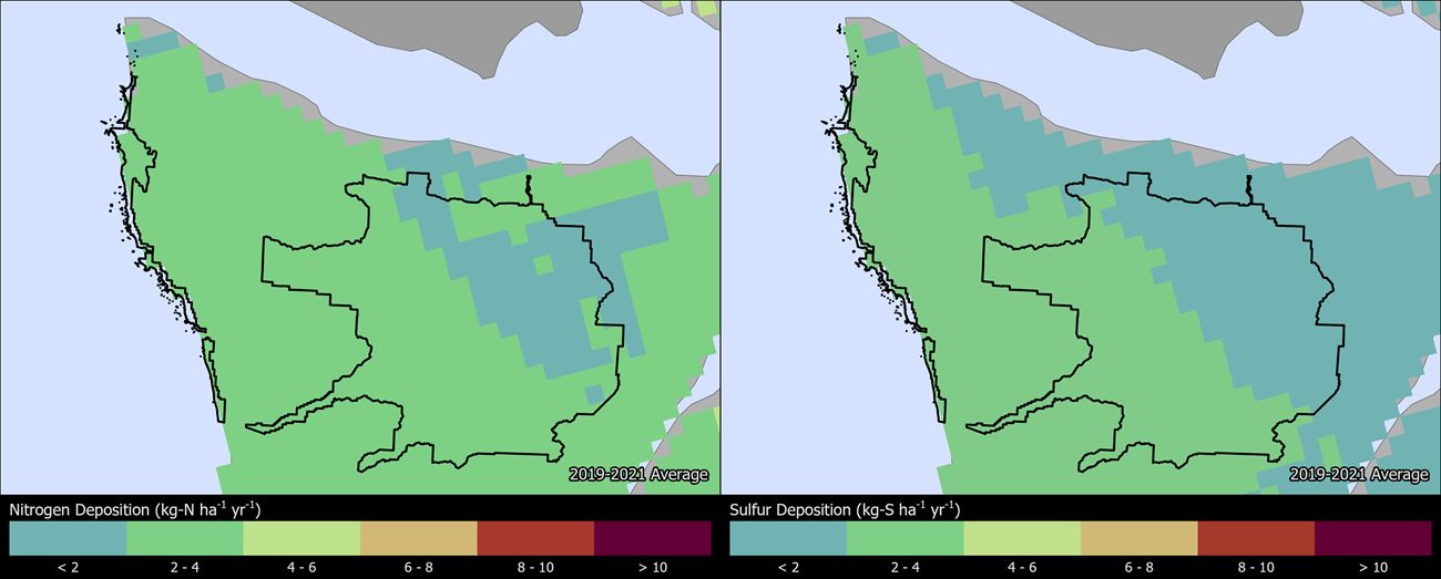 Two maps showing OLYM boundaries. The left map shows the spatial distribution of estimated total nitrogen deposition levels from 2000-2002. The right map shows the spatial distribution of estimated total sulfur deposition levels from 2000-2002.