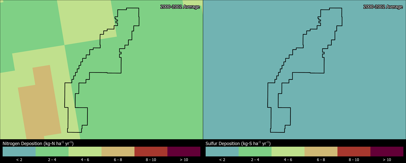 Two maps showing BRCA boundaries. The left map shows the spatial distribution of estimated total nitrogen deposition levels from 2000-2002. The right map shows the spatial distribution of estimated total sulfur deposition levels from 2000-2002.